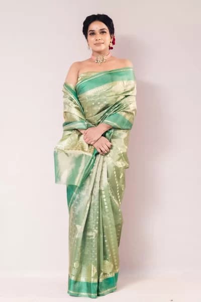 Elegant Green Tissue Jaquard Weave Saree