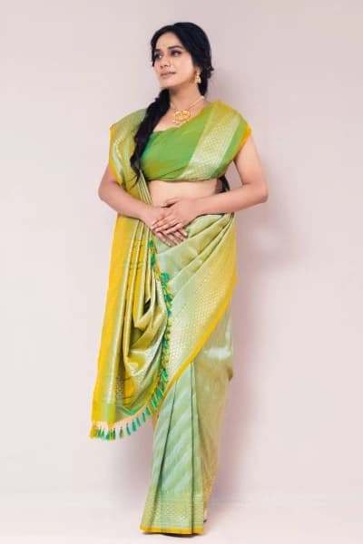 Double Tone Green & Yellow Mushroo Silk Banarasi Saree