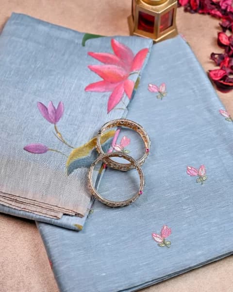 Majestic Blue Unstitched Suit Set - Hand Paint Linen silk dupatta, embroidered linen silk Shirt & chanderi silk bottom
