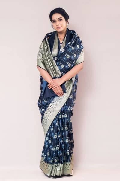 Double Tone Grey & Black Mushroo Silk Saree