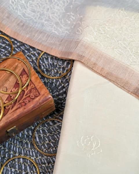 Opulent Ivory Unstitched suit set - Linen silk dupatta, embroiderd shirt linen silk with chanderi silk bottom