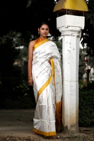 White Katan Kadwa Silk Saree