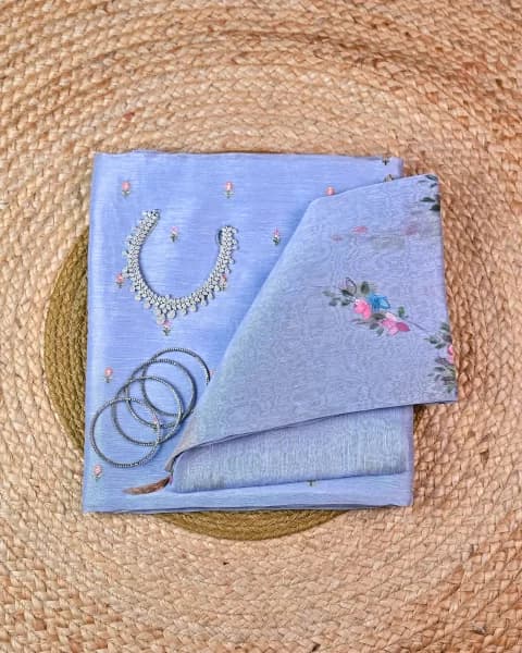 Sky blue Unstitched Suit Set - Hand Paint Linen silk dupatta, embroidered linen silk Shirt & chanderi silk bottom