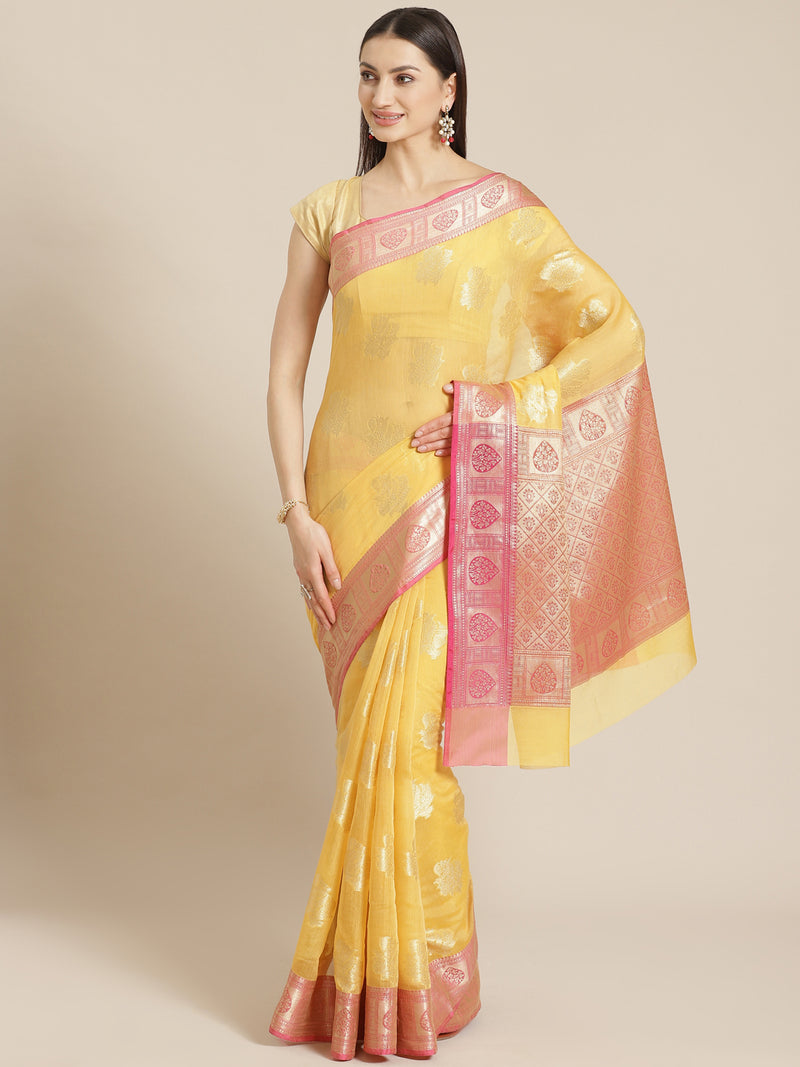Weaved Yellow Colored Fancy Liva Saree