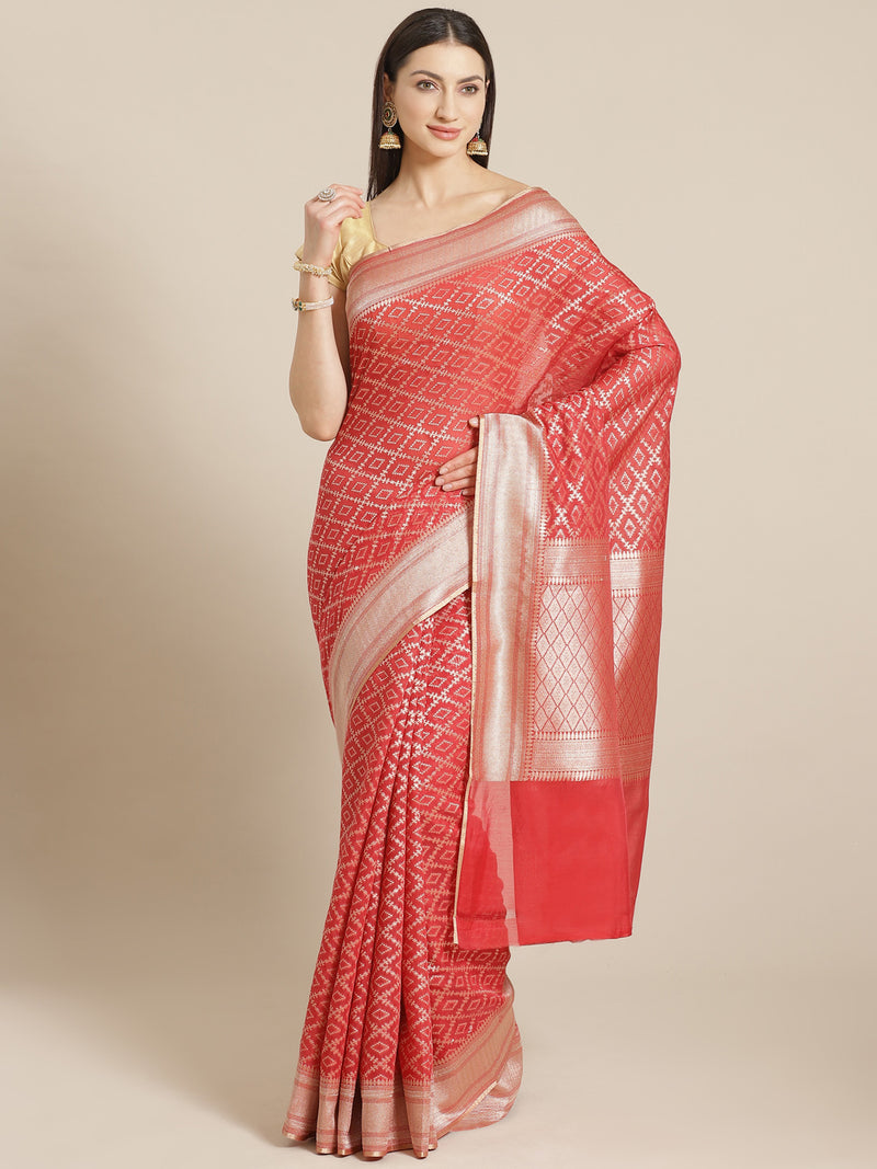 Weaved Red Colored Heavy-Look Liva Saree