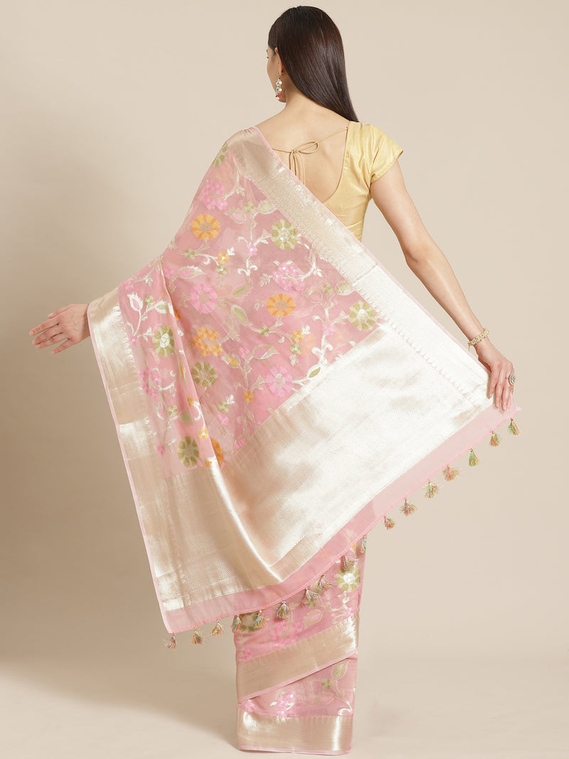 Weaved Pink Colored Fancy Liva Saree