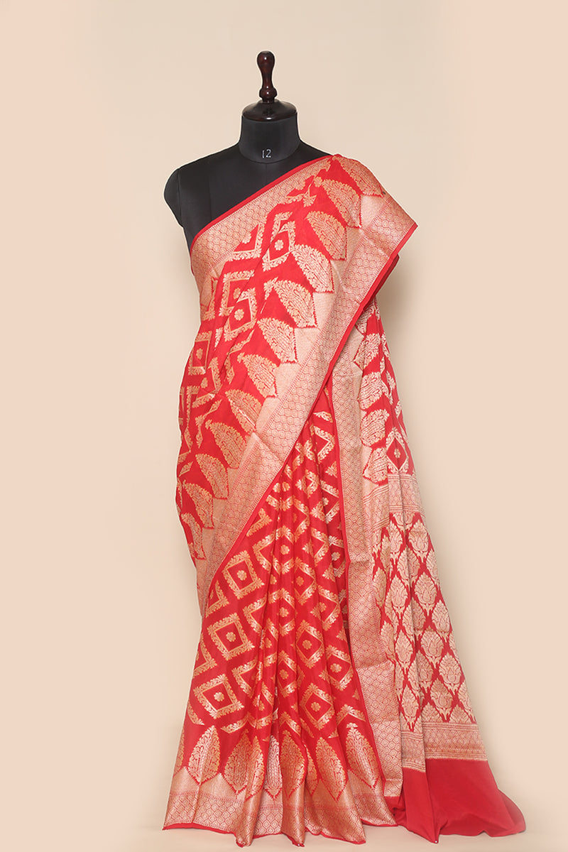 Woven Peach Georgette Silk Sari- Traditional Geometric
