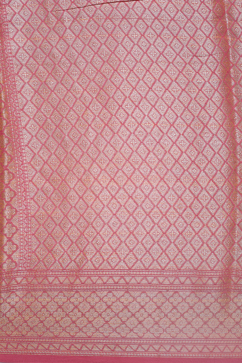 Woven Pink Georgette Silk Sari- Traditional Geometrical Jaal
