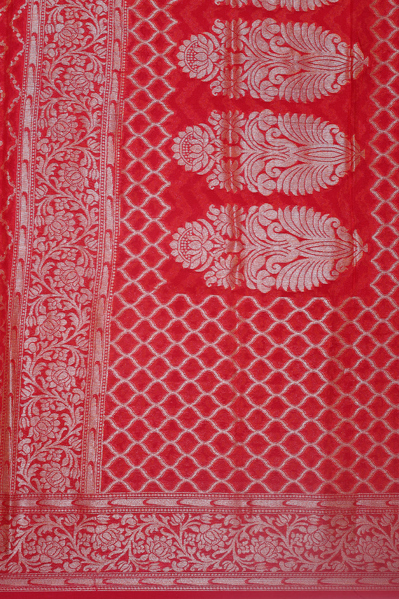 Woven Peach Georgette Silk Sari Traditional Geometrical Jaal