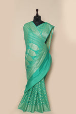 Georgette Silk  Aqua Green Sari- Traditional Geometrical Jaal
