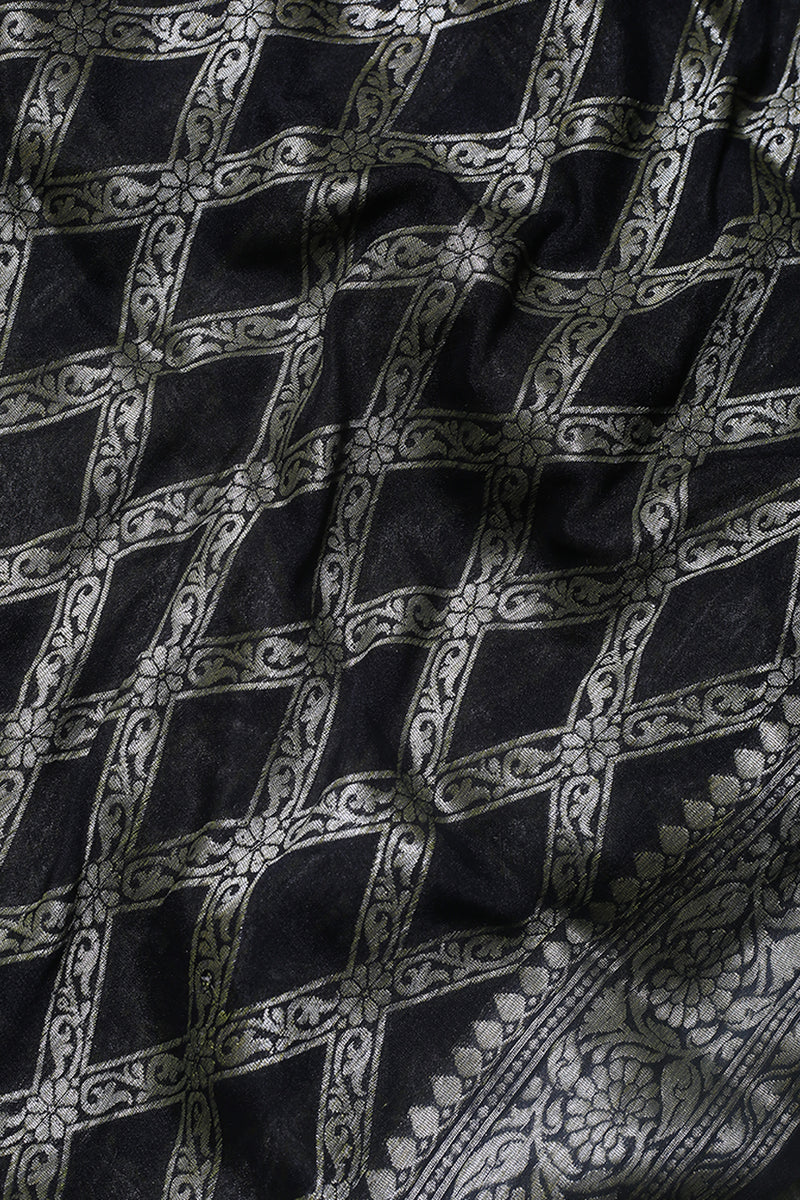 Woven Black Georgette Silk Sari- Traditional Geometrical Jaal