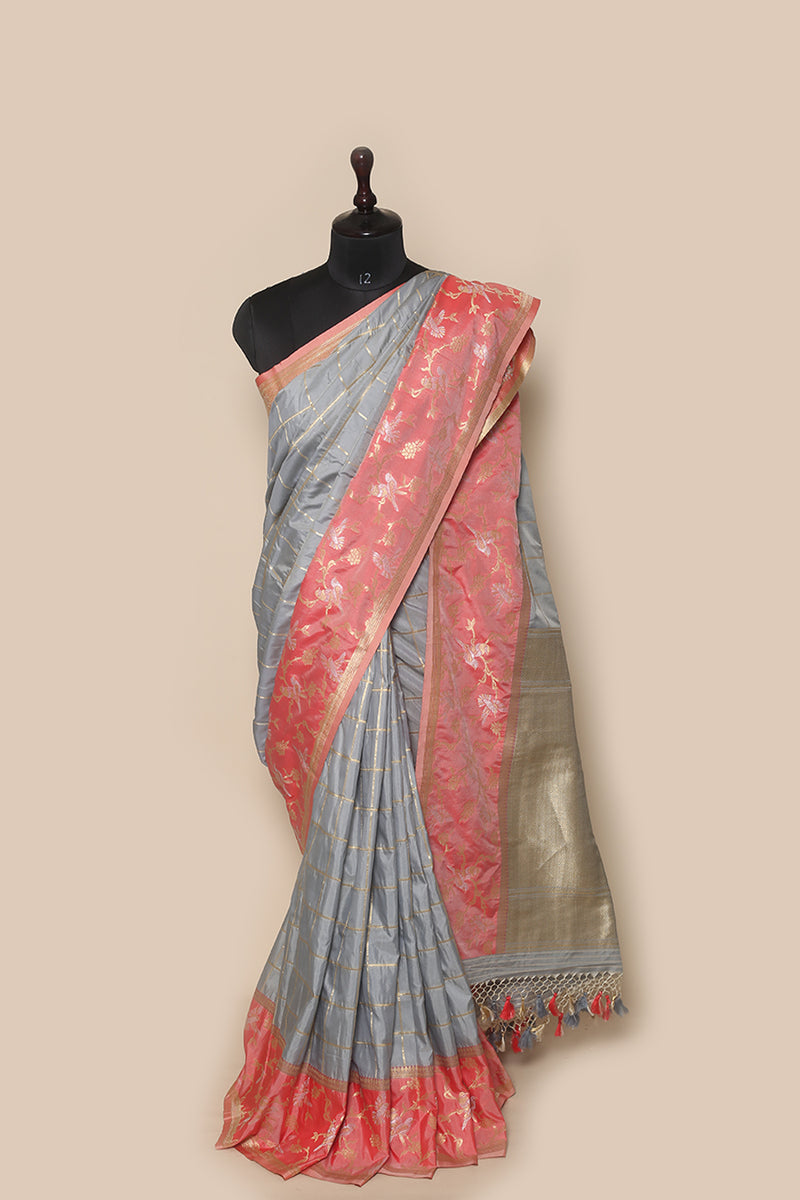 Fancy Banarasi  Grey silk Sari- Animal Inspired Geometrical Design
