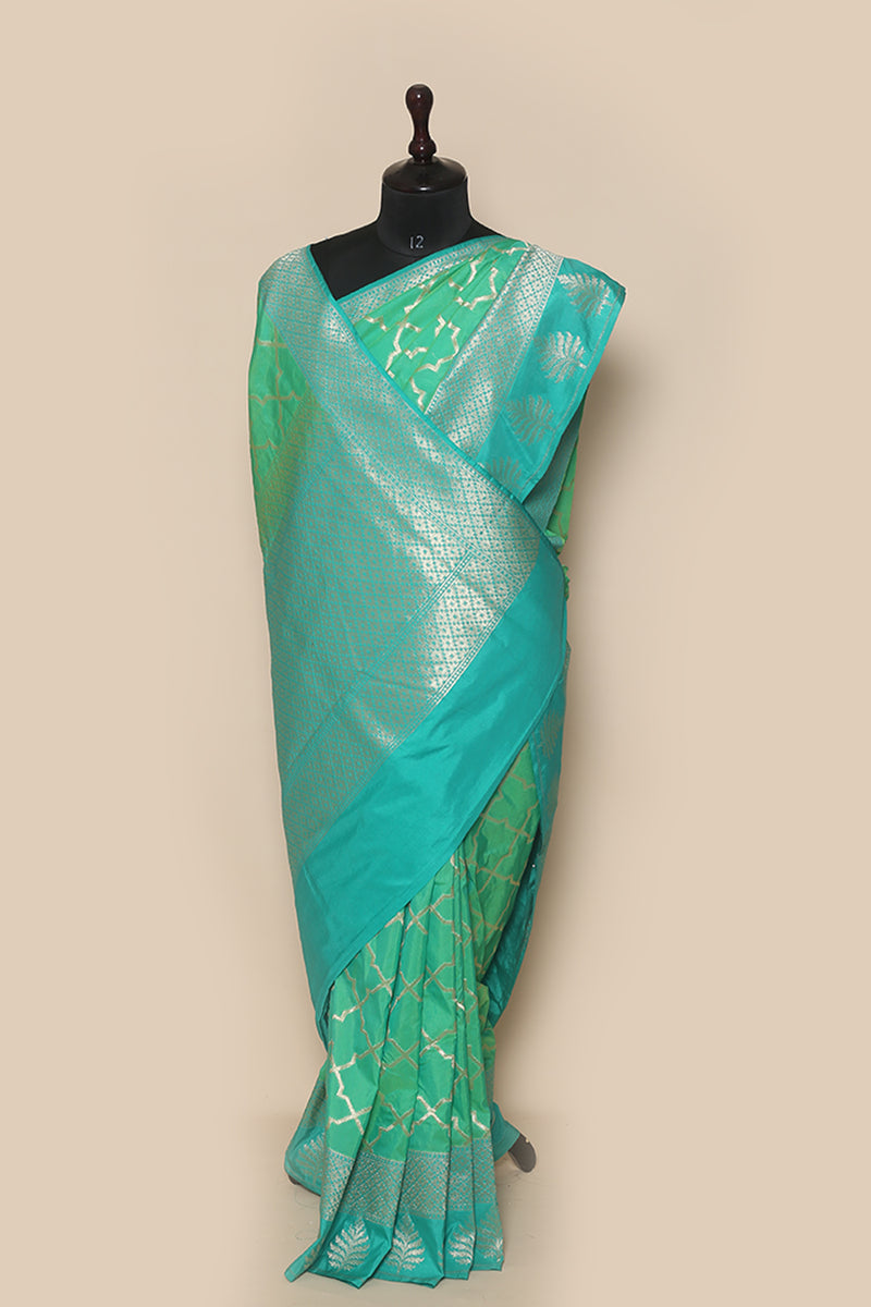 Fancy Banarasi  Turqouise Silk Sari- Geometrical Design
