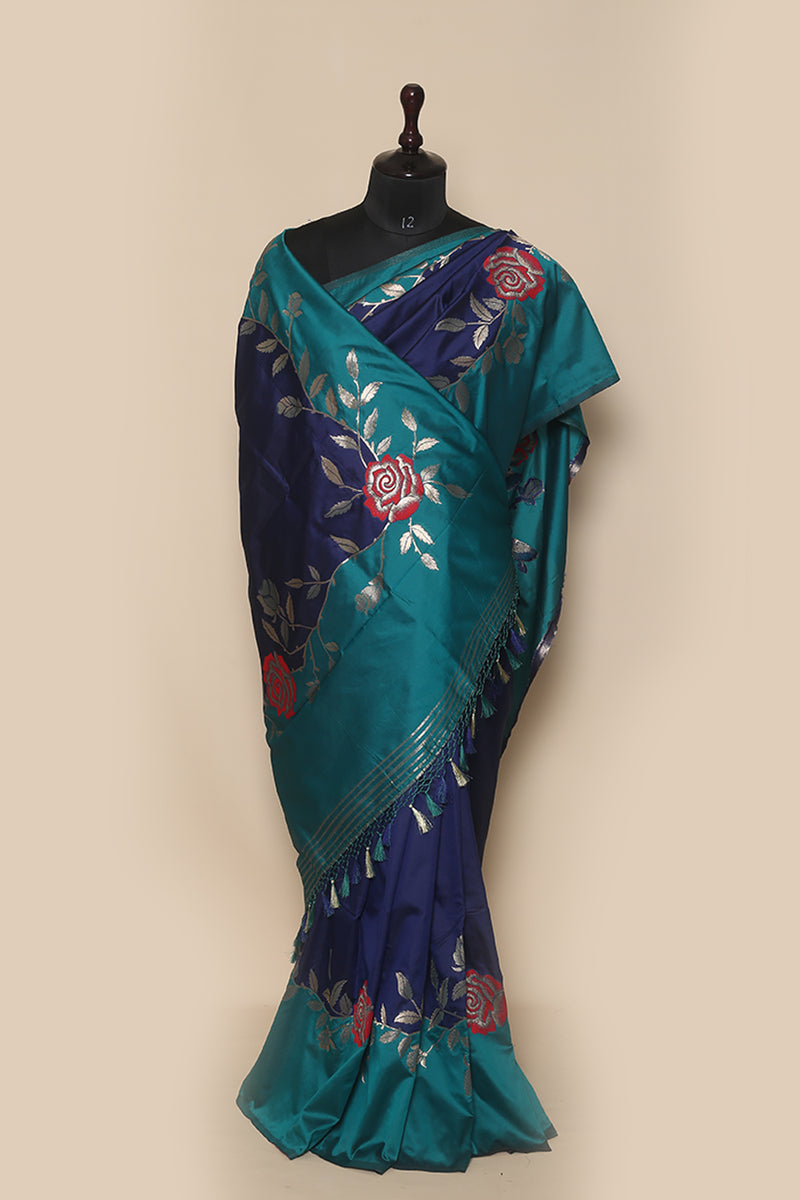 Fancy Banarasi  Navy Blue Silk Sari- Traditional Two Tone Design