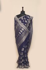 Georgette Silk Navy Blue Sari- Traditional Mango Butti