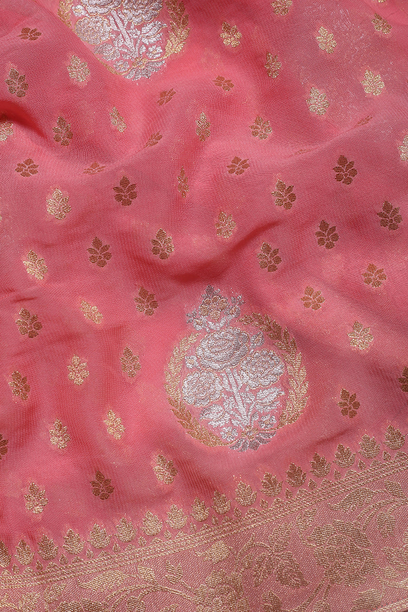 Georgette Silk Peach Sari- Traditional Zari Motif