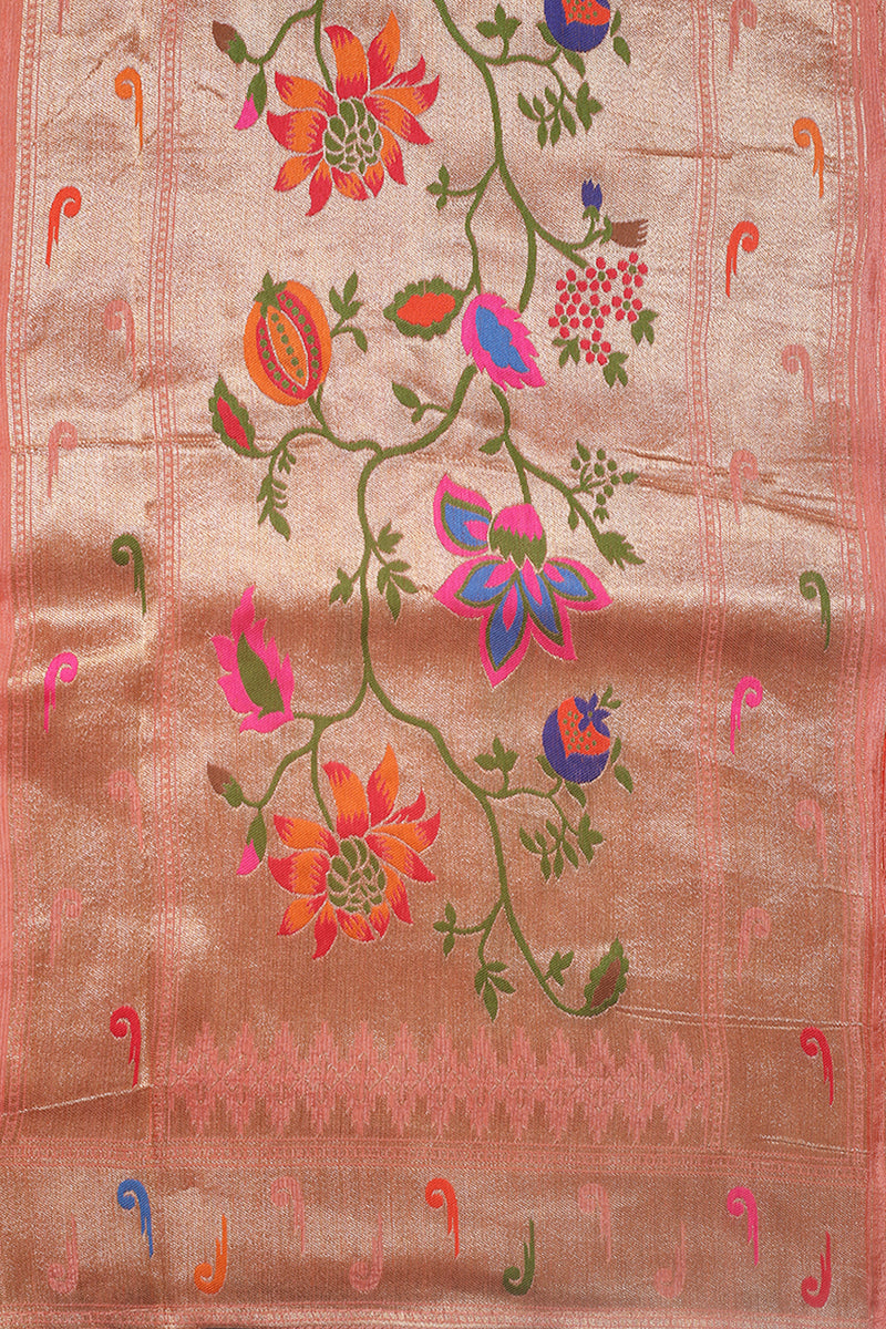 Georgette Chinia Silk Peach Sari- Traditional Paithani
