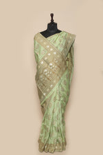 Georgette Chinia Silk Pista green Sari- Traditional Antique Zari Motif