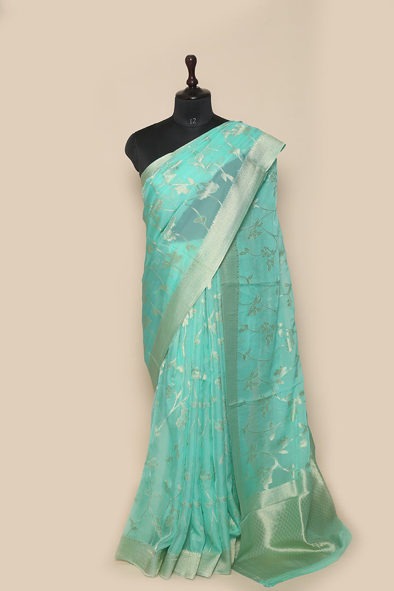 Woven Kora Silk Aqua Green Sari- Traditional Jaal