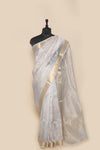 Embroidered Grey Kora Silk Sari-  Traditional Jaal