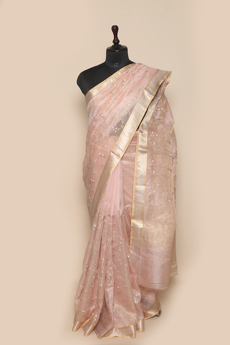 Embroidered Peach Tissue Silk Sari- Traditional Tissue Jaal