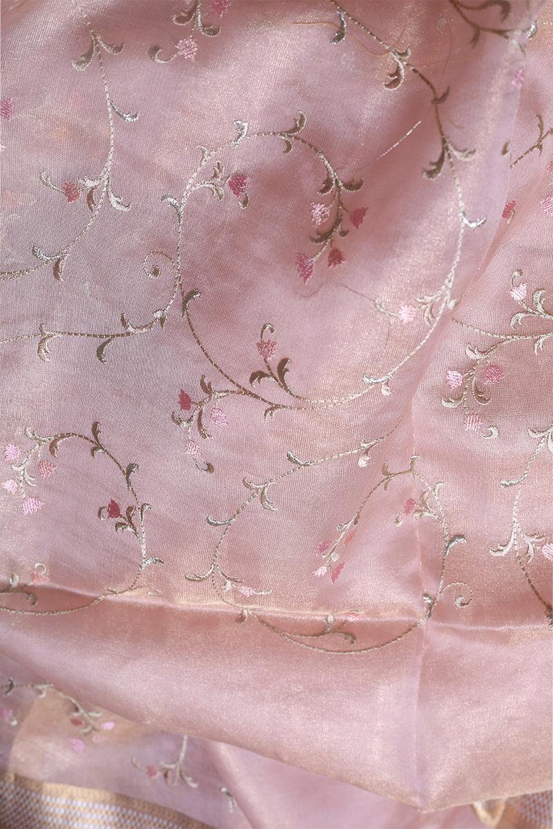 Embroidered Peach Tissue Silk Sari- Traditional Tissue Jaal