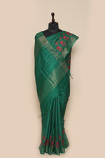 Embroidered Bottle Green Pure Tussor Sari- Traditional Kashmiri Inspired Motif