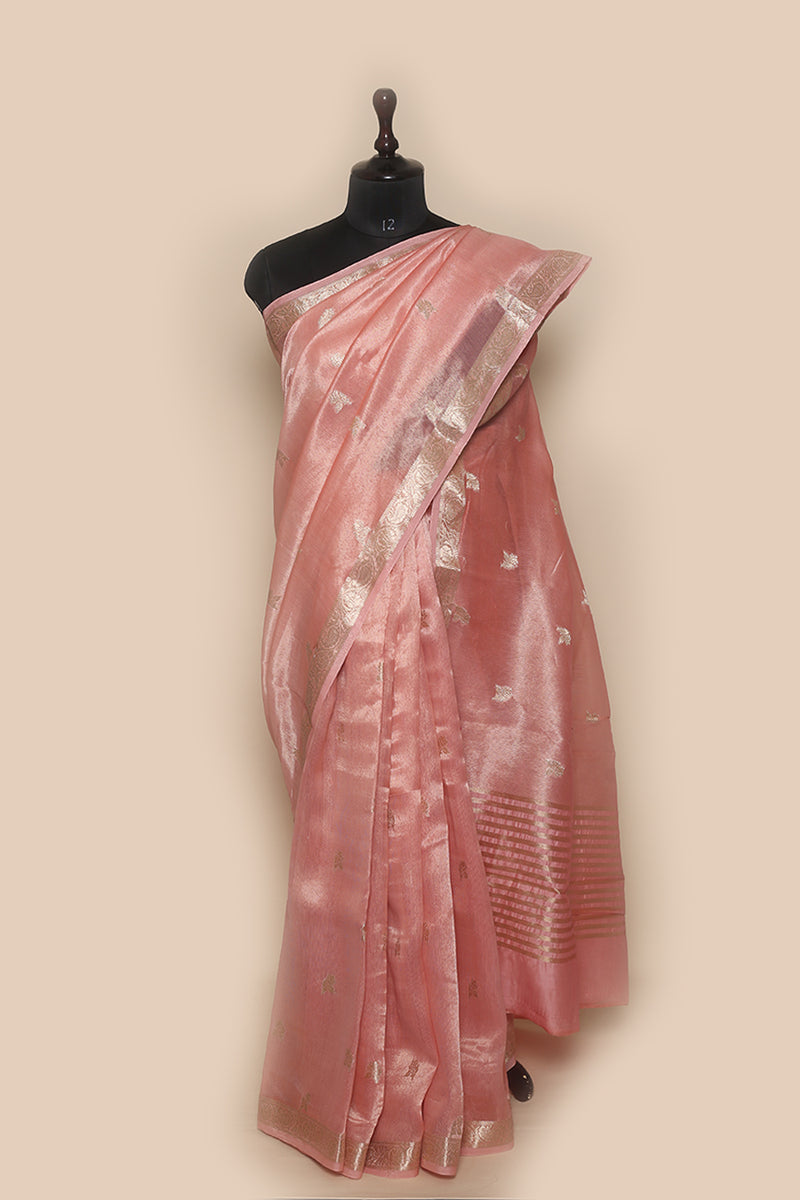Woven Pink Pure Cotton Tissue Silk Sari- Traditional Motif