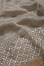 Embroidered Grey Pure Linen Sari- Chikankari