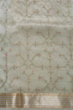 Embroidered Grey Kora Silk Sari- Geometrical Jaal