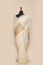Embroidered Cream Pure Linen Sari- Chikankari