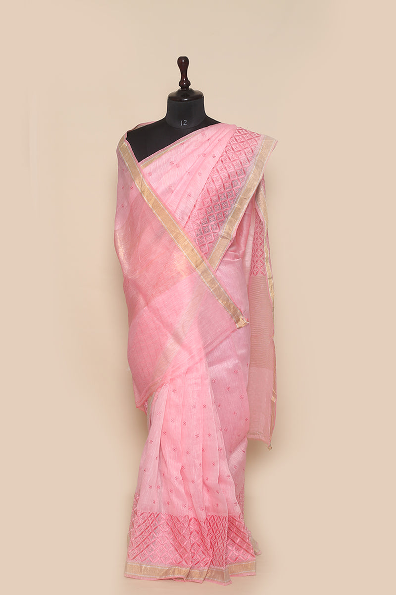 Embroidered Pink Pure Linen Sari- Chikankari
