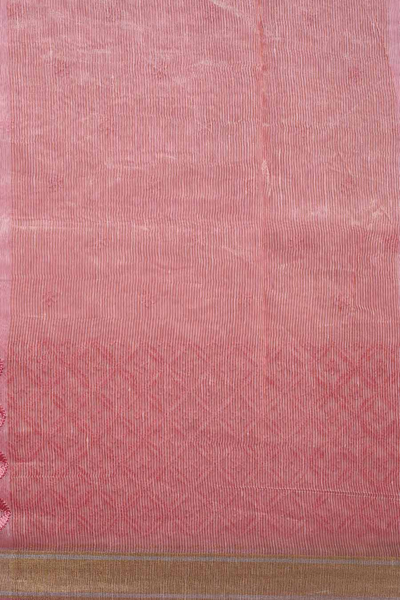 Embroidered Pink Pure Linen Sari- Chikankari