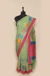 Banarasi Pista green Cotton Silk Sari - Traditional Handwoven Multi Jaal