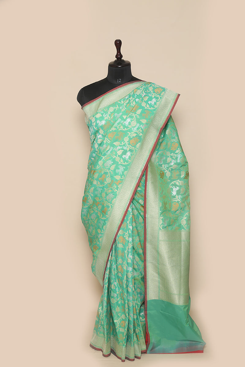 Fancy Banarasi Sea Green Silk Sari-  Shikargha Jaal