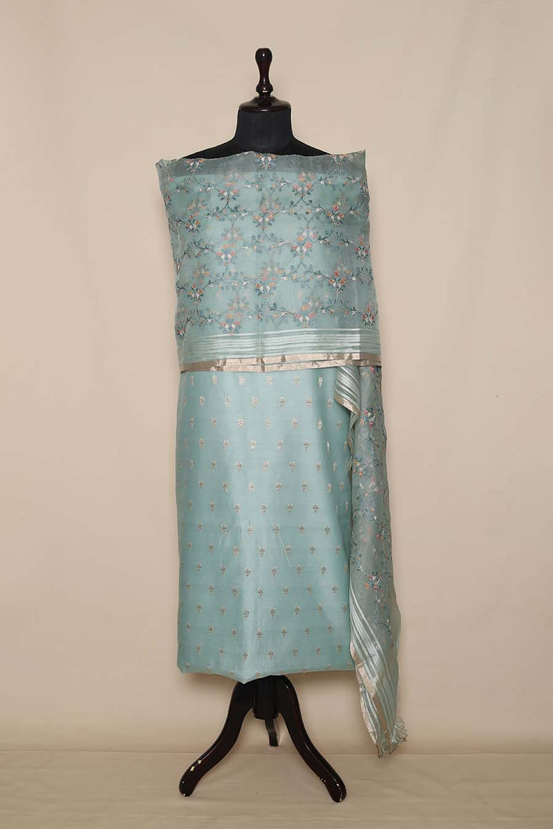 Seagreen Cotton Suit Piece With Embroidered Organza Dupatta