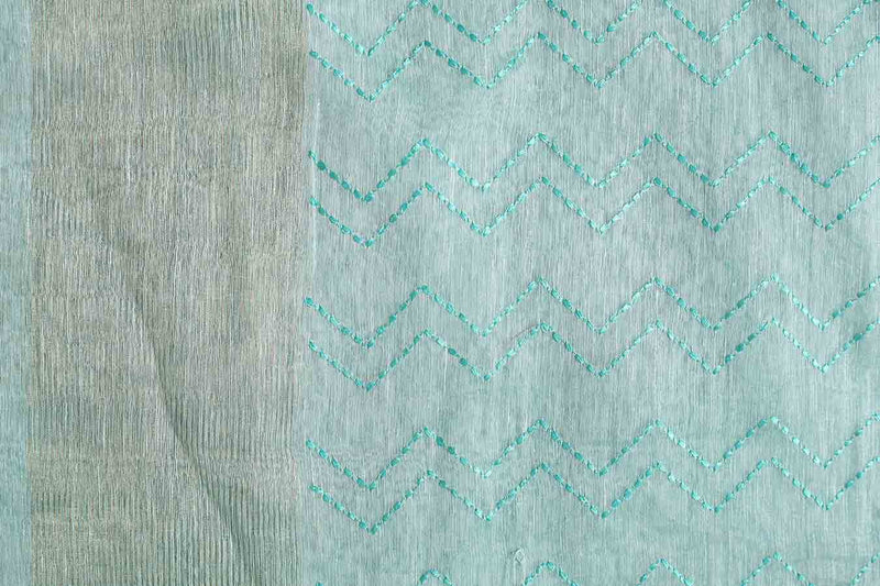 Sea Green Linen Printed Suit Piece With Embroidered geometrical Dupatta
