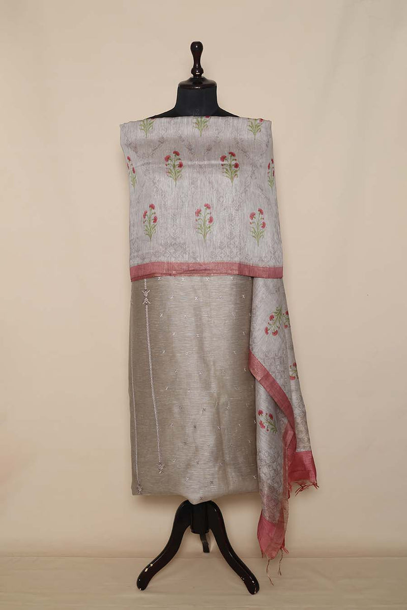 Grey Linen Silk Embroidered Suit Piece With Printed Linen Dupatta