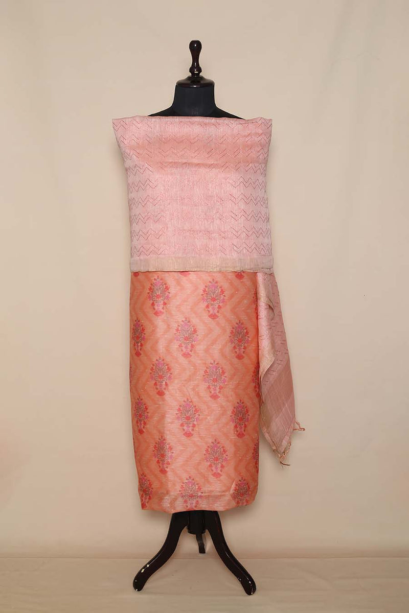 Peach Linen Printed Suit Piece With Embroidered Geometrical Dupatta