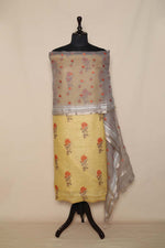 Yellow Linen Printed Suit Piece With Embroidered Rose Motif Organza Dupatta