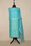 Aqua Green Linen Printed Silk Suit Piece With Organza Silk Dupatta